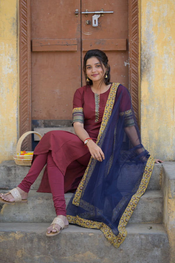 Indira Maroon Kurti Set (Top & Dupatta)