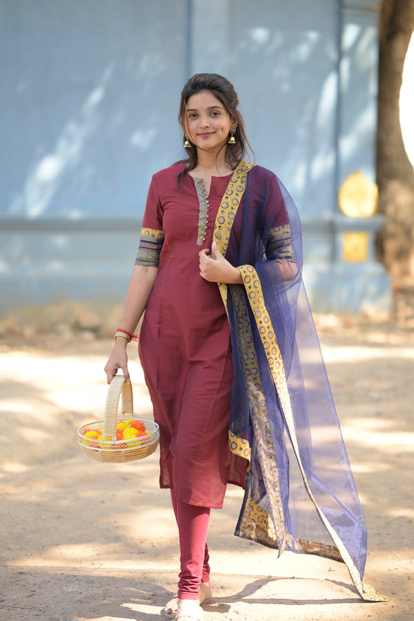 Indira Maroon Kurti Set (Top & Dupatta)