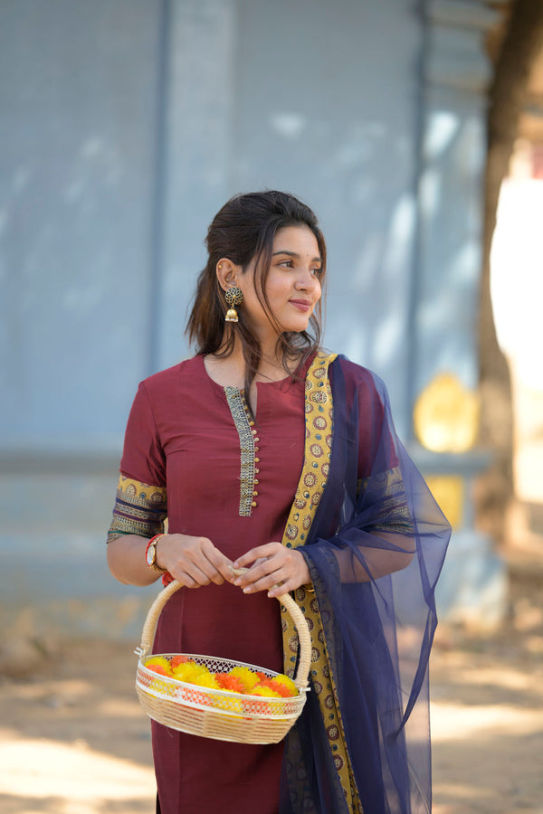 Indira Maroon Kurti Set (Top & Dupatta)