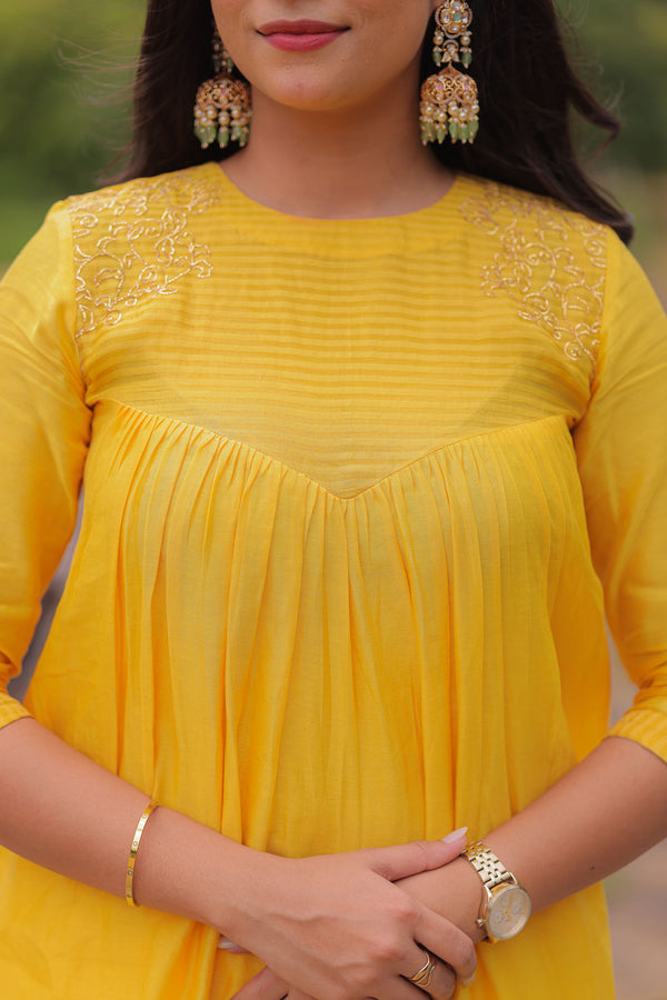Golden Yellow Embroidered A-Line Kurta Set (PR)