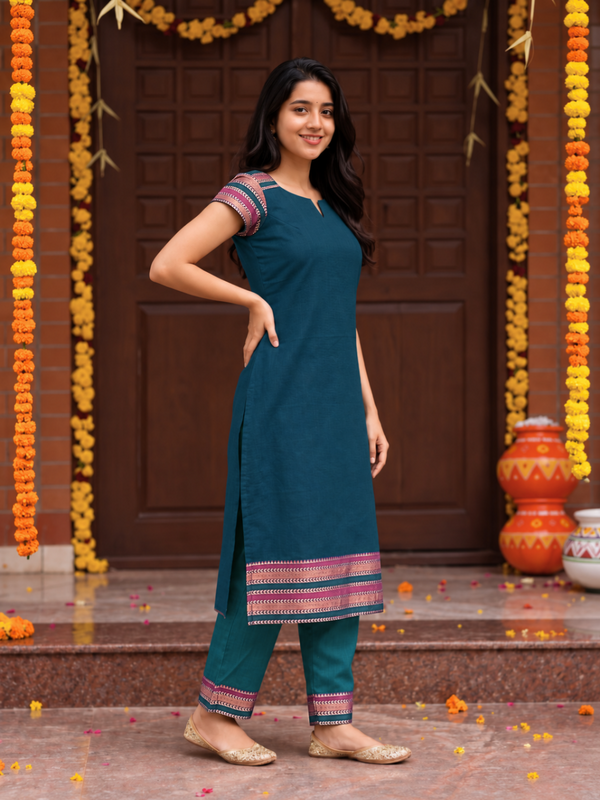 Geetanjali Teal Narayanpet Cotton Kurti Set (Set of 2)