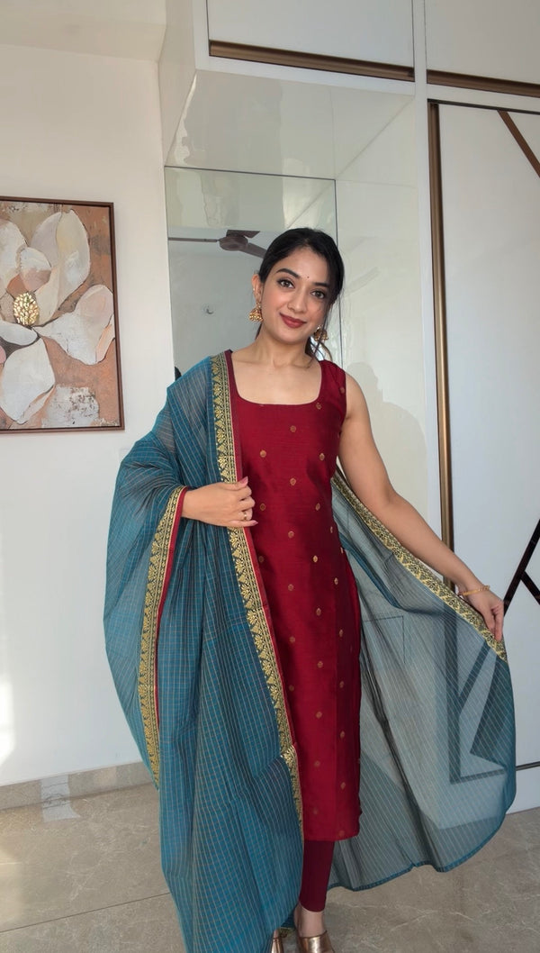 Meghna Maroon with Teal Chanderi Kurti Set ( Set of 2 )
