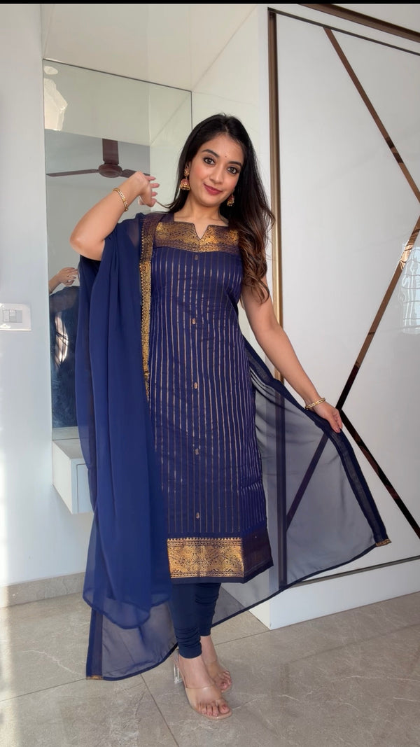 Vedika Navy Chettinad Cotton Kurti Set (Set of 2)