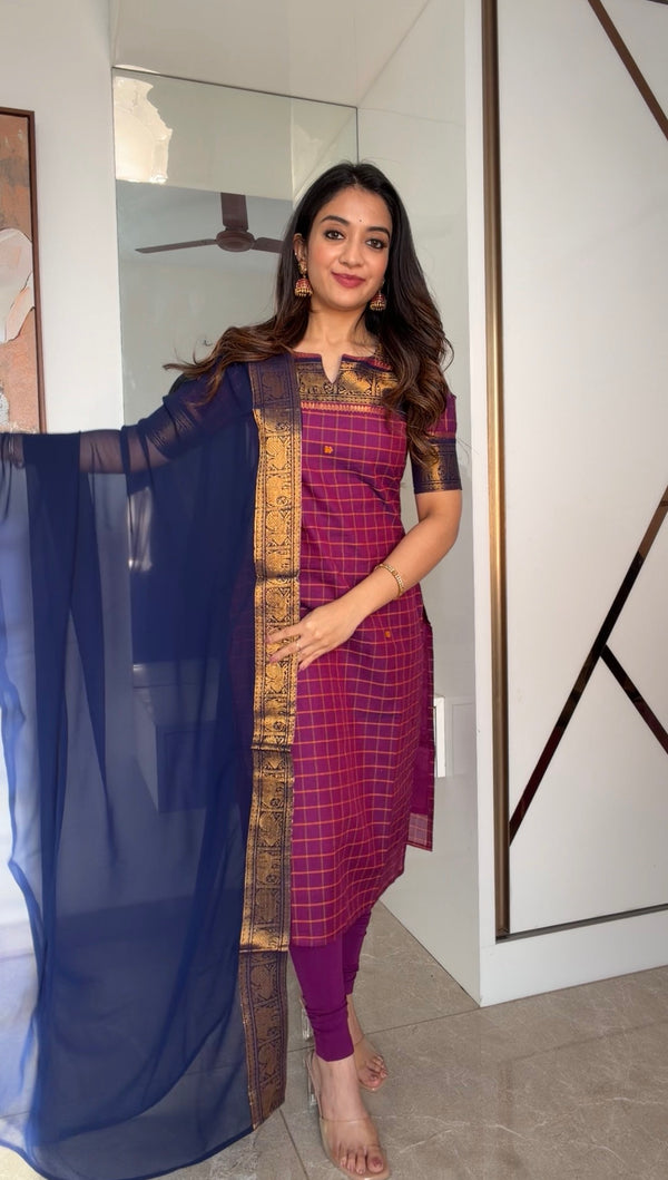 Adhvi Magenta Chettinad Cotton Kurti Set (Set of 2)