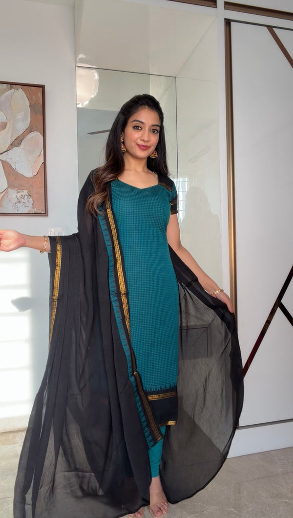 Inmozhi Teal Chettinad Cotton Kurti Set (Set of 2)