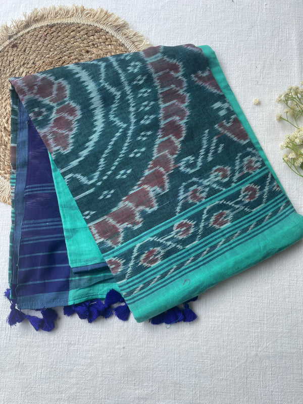 Teal & Navy Ikat Mul Cotton Saree