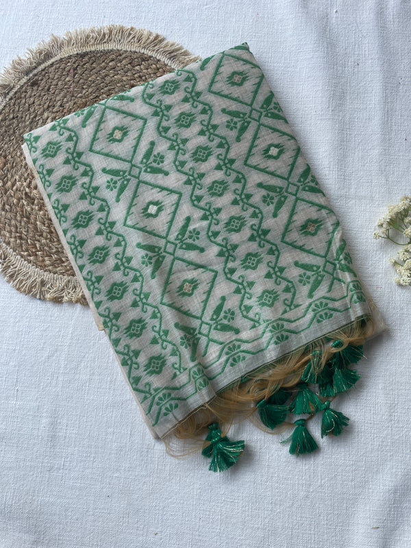 Ivory & Emerald Mul Mul Cotton Saree