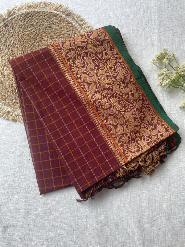 Maroon & Green Handloom Cotton Saree