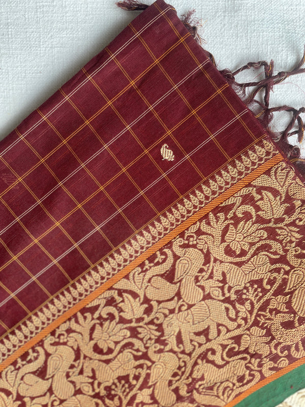 Maroon & Green Handloom Cotton Saree
