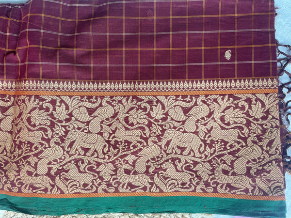 Maroon & Green Handloom Cotton Saree