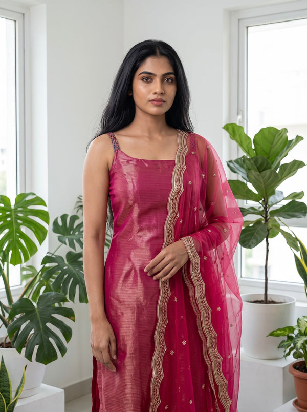 Mayilini Pink Shimmer Kotta Spaghetti Kurti Set ( Set of 2 )