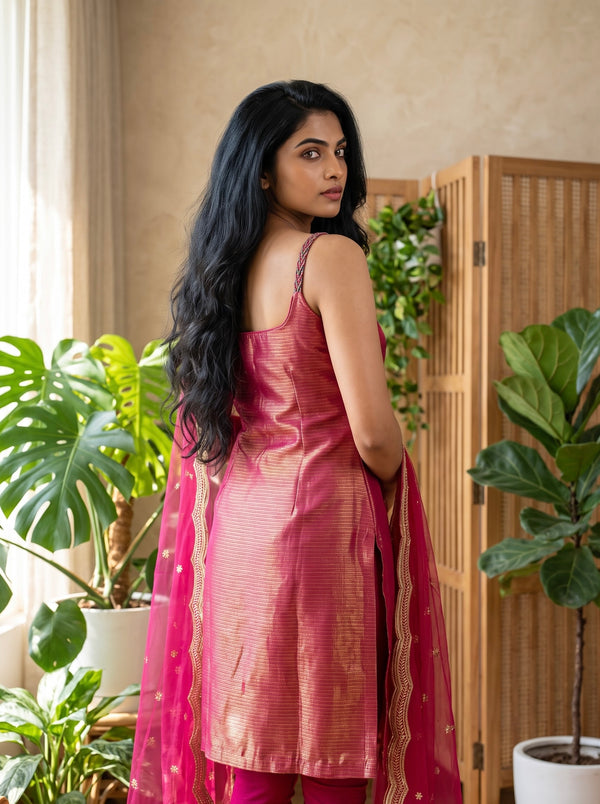 Mayilini Pink Shimmer Kotta Spaghetti Kurti Set ( Set of 2 )