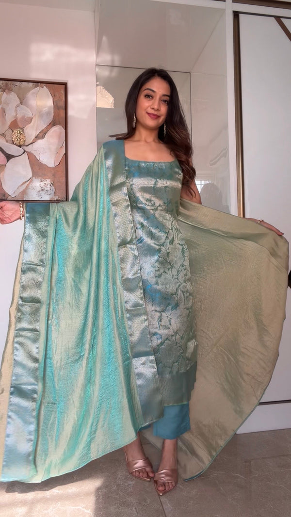 Nethra Aqua Blue Banarasi Tissue Spaghetti Kurti Set