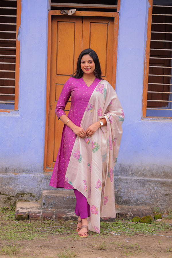 Lavender Lotus Banarasi A-Line Kurta with Dupatta (PR)