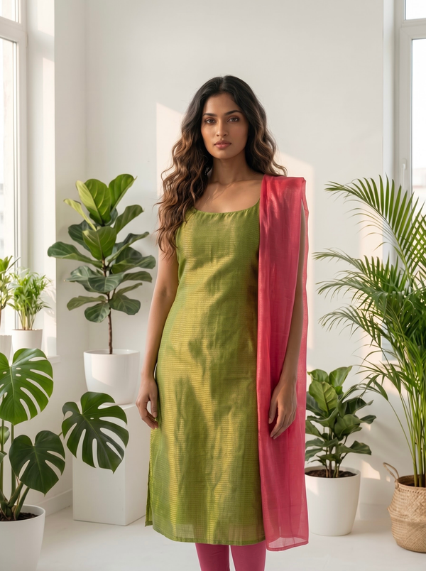 Mayilini Green Shimmer Kotta Spaghetti Kurti Set ( Set of 2 )
