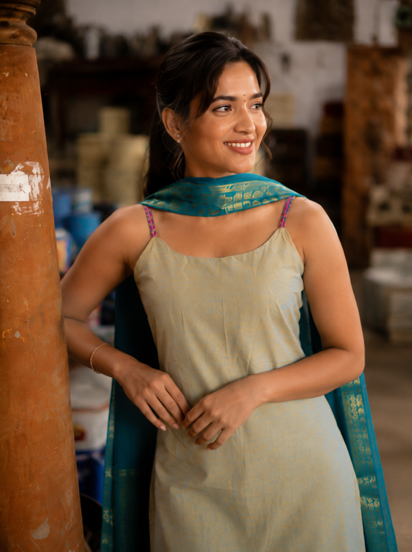 Poonguzhali Grey Sleeveless Chettinad Cotton Kurti Set ( Set of 2 )