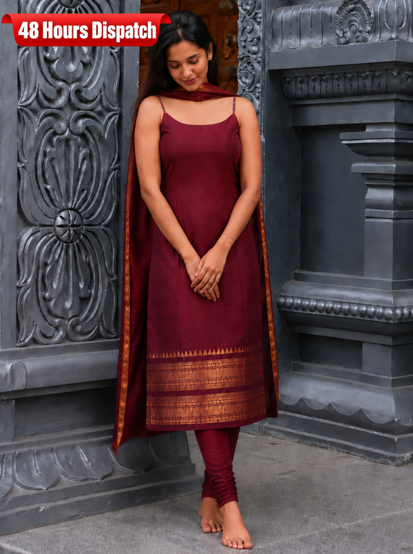 Riddhi Maroon Sleeveless Chettinad Cotton Kurti Set ( Set of 2 )