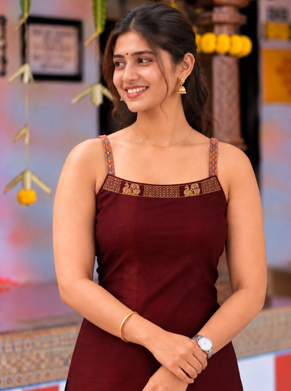 Riddhi Maroon Sleeveless Chettinad Cotton Kurti Set ( Set of 2 )