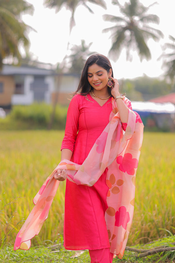 Rose Meadow Embroidered Chanderi A-Line Kurta Set With Dupatta (PR)