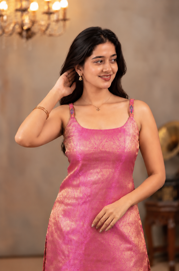Tanisha Pink Banarasi Tissue Spaghetti Kurti (Top Only)