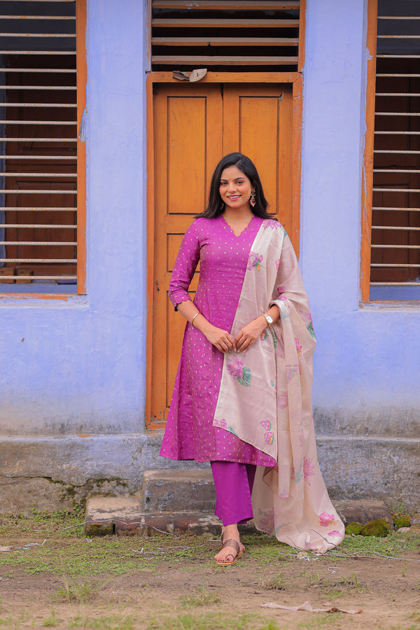 Lavender Lotus Banarasi A-Line Kurta with Dupatta (PR)