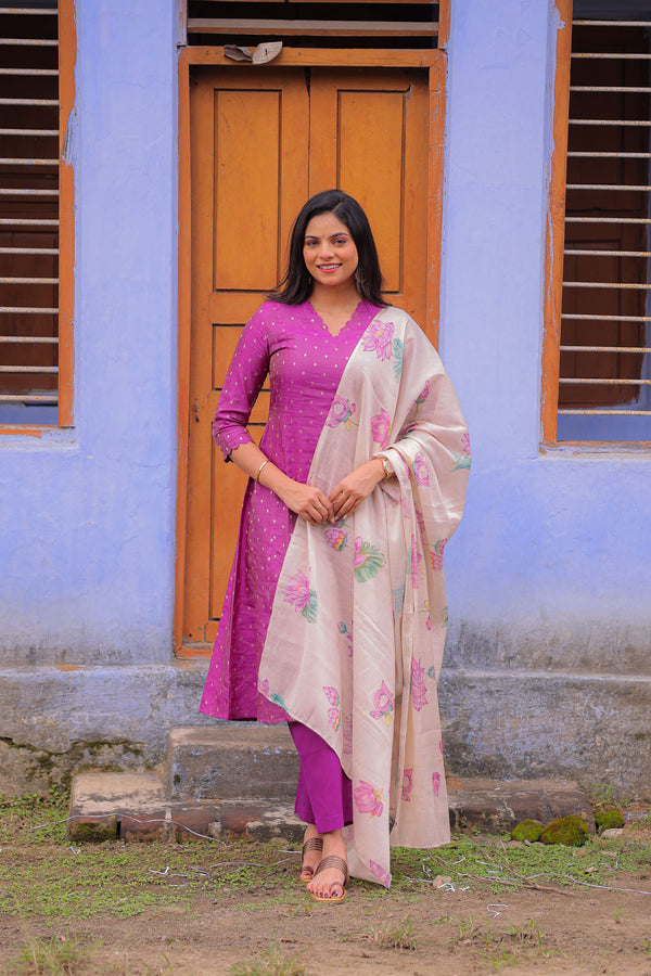 Lavender Lotus Banarasi A-Line Kurta with Dupatta (PR)