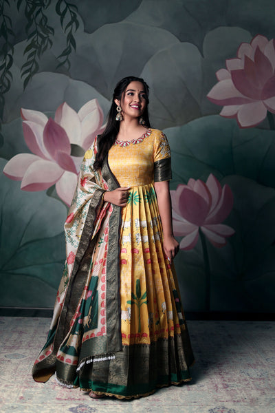 Printed Banarasi Silk Long Frock Dress, Anarkali, Half Sleeves at