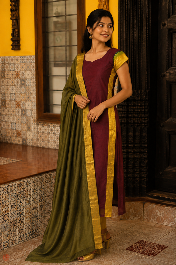 Vennila Brown Chettinad Cotton Kurti Set ( Set of 2 )