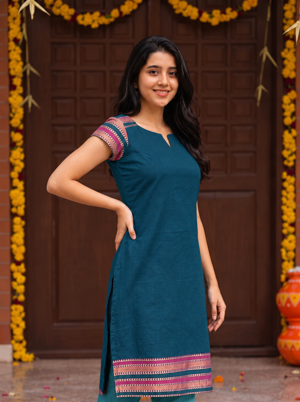Geetanjali Teal Narayanpet Cotton Kurti Set (Set of 2)