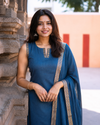 Kanimozhi Teal Chettinad Cotton Kurti Set ( Set of 2 )
