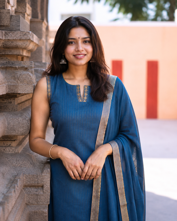 Kanimozhi Teal Chettinad Cotton Kurti Set ( Set of 2 )