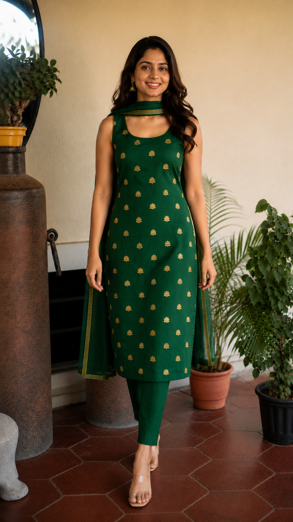 Shravya Green Soft Brocade Silk Kurti Set (Set of 3)