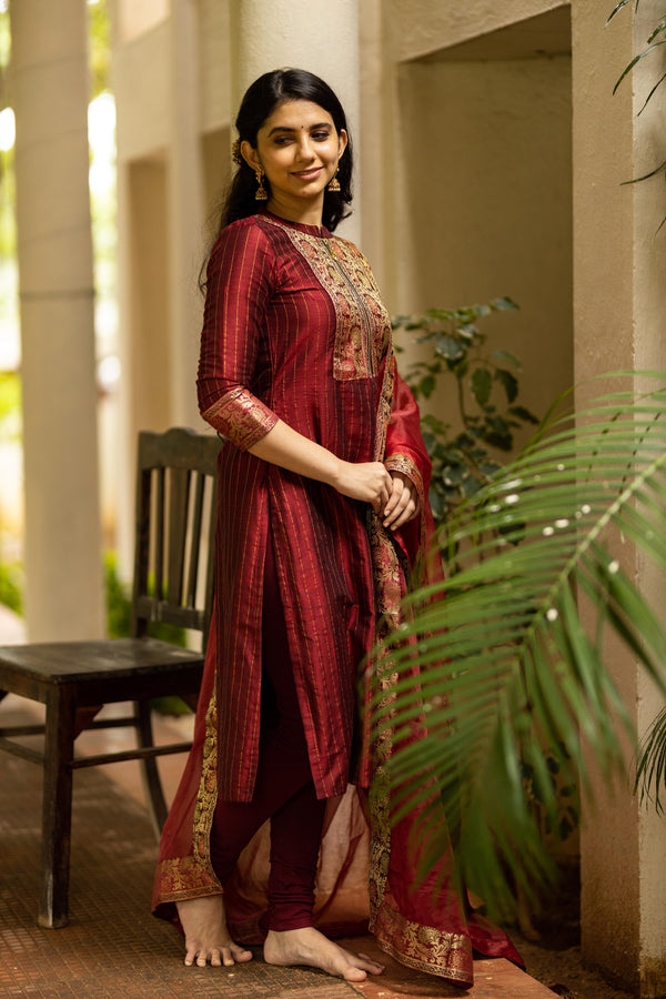 Sangamithrai Maroon - Unstitched Set
