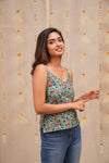 Sasha Teal floral Jaipur block printed cotton spaghetti top