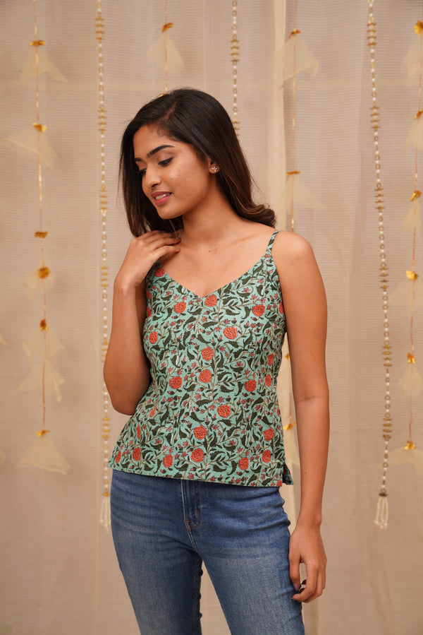 Sasha Teal floral Jaipur block printed cotton spaghetti top