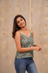 Sasha Teal floral Jaipur block printed cotton spaghetti top