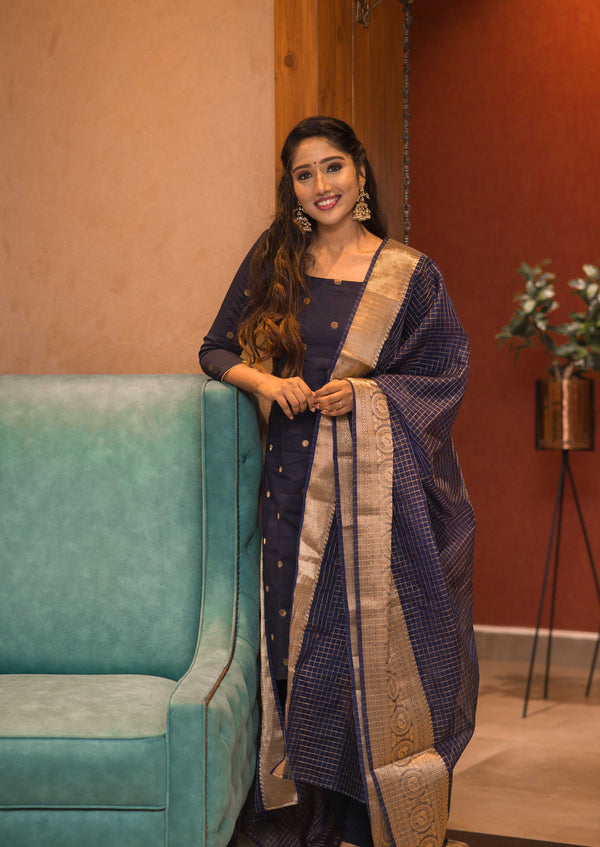 Saatvika Navy Blue Unstitched Set of Top and Dupatta freeshipping - ekantastudio