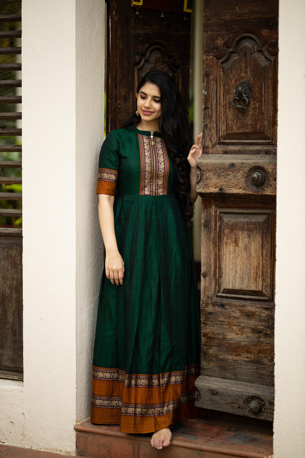 Women's Cotton Nursing Friendly Frocks - Narayanpet Dark Green Dress with Elephant Borders