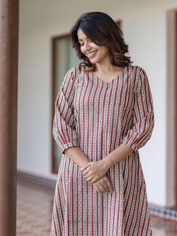 Terracotta Striped Handblock A-Line Kurta (PR)
