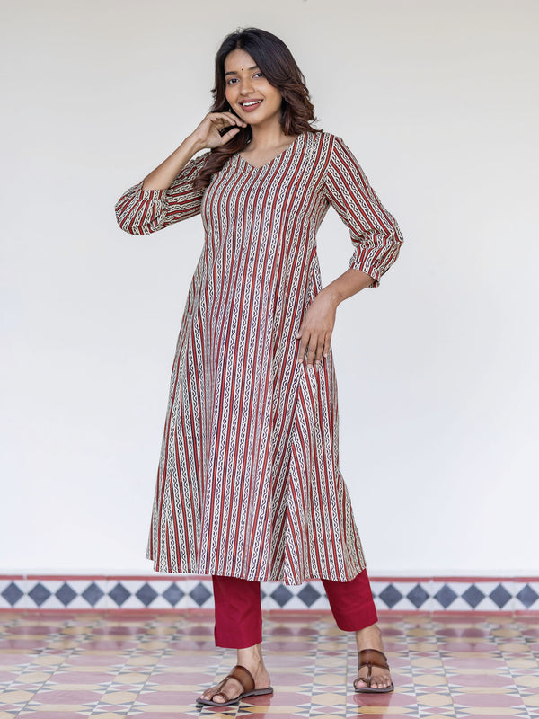 Terracotta Striped Handblock A-Line Kurta (PR)