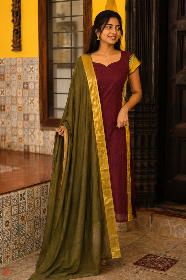 Vennila Brown Chettinad Cotton Kurti Set ( Set of 2 )