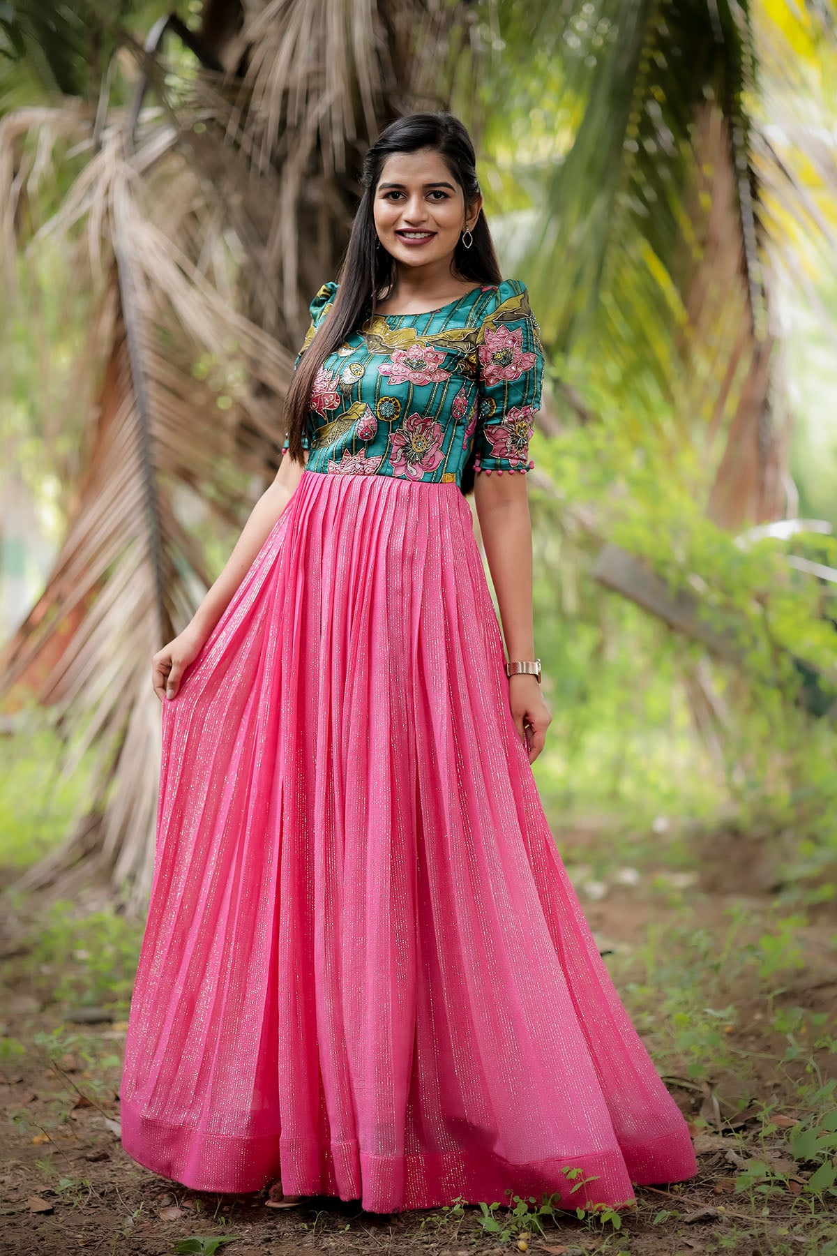 Green and Peach pink georgette Dress