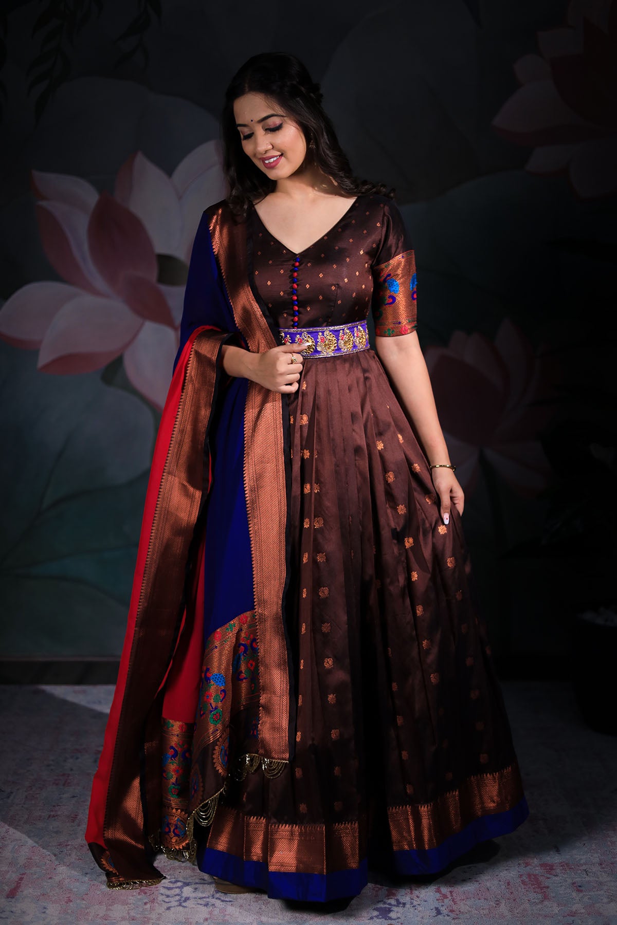 Brown with Blue Paithani Long Dress
