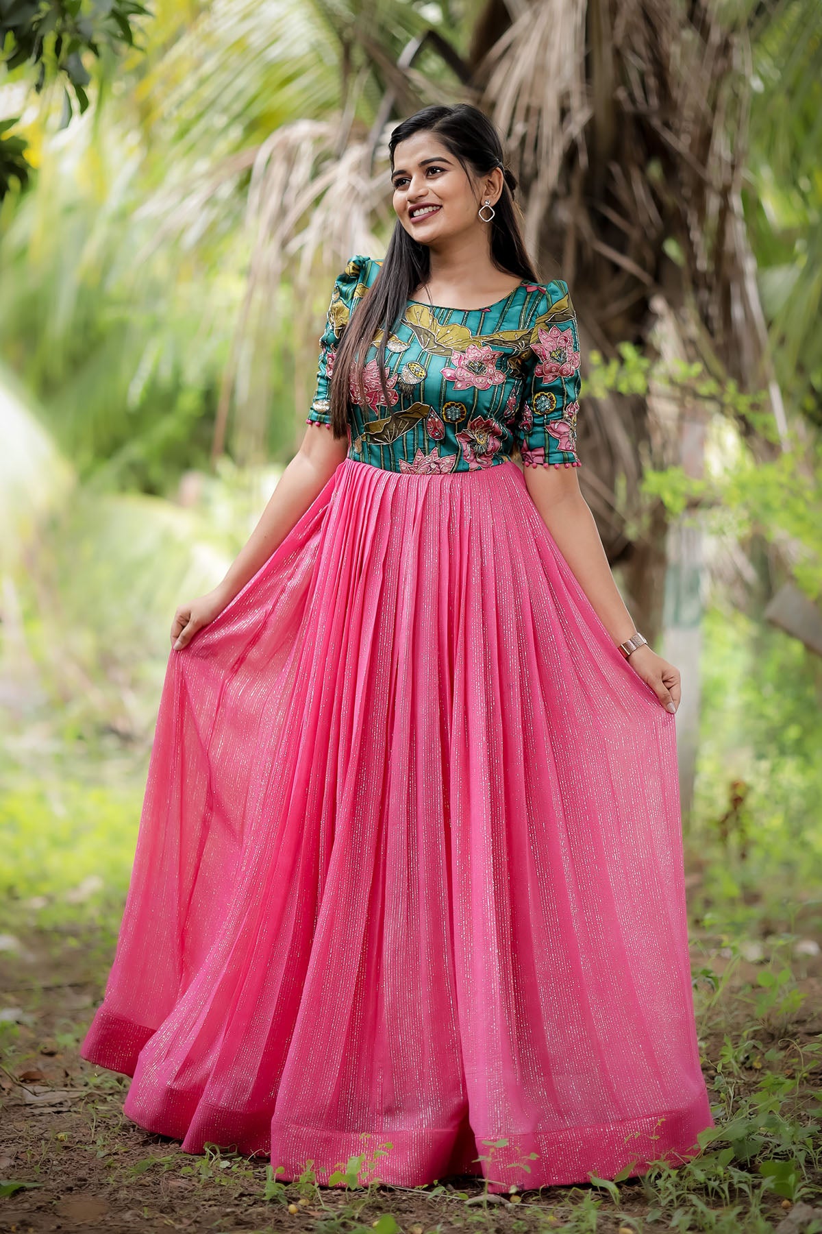 Green and Peach pink georgette Dress(FW)
