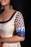 Ivory  checks dress with blue border and contrast dupatta
