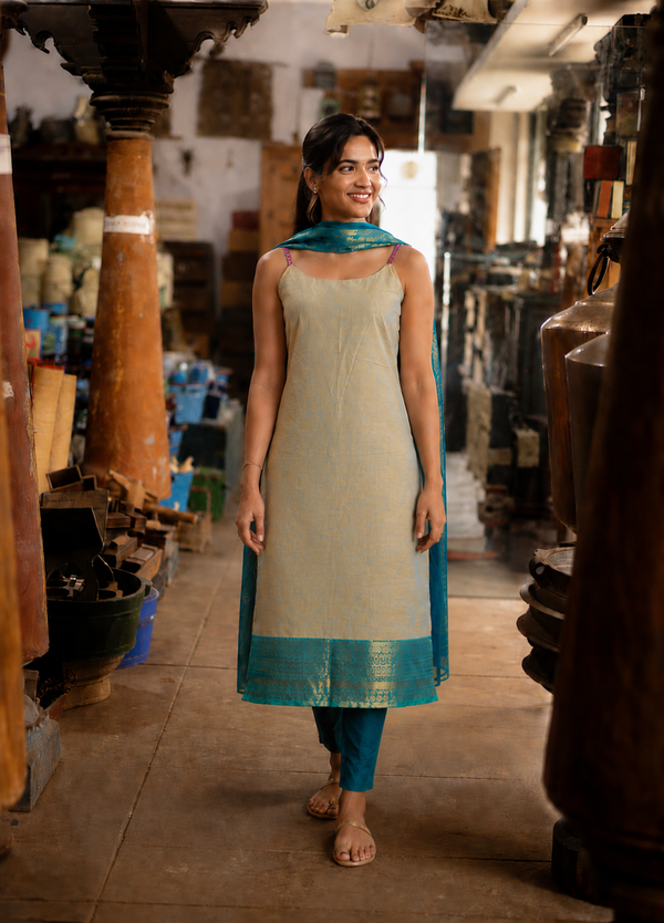 Poonguzhali Grey Sleeveless Chettinad Cotton Kurti Set ( Set of 2 )