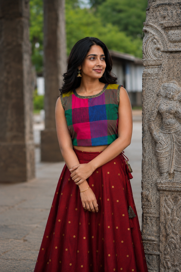 Thendral Maroon Sleeveless Croptop and Skirt (Set of 2 )