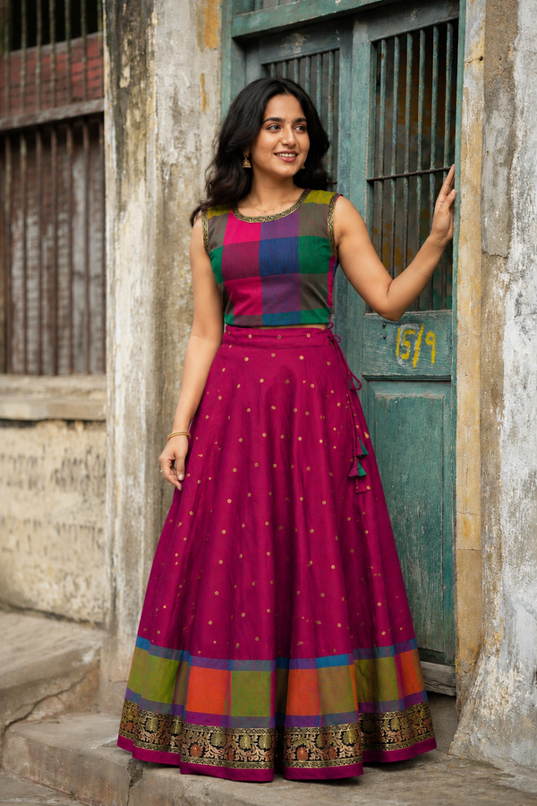 Thendral Magenta Sleeveless Croptop and Skirt (Set of 2 )