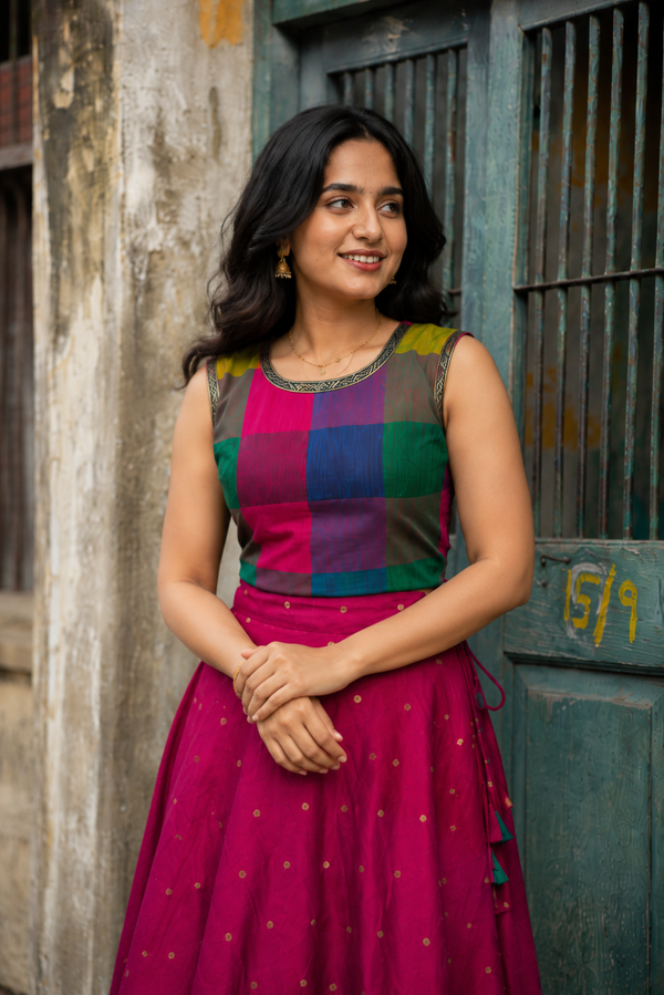 Thendral Magenta Sleeveless Croptop and Skirt (Set of 2 )