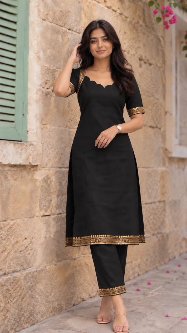 Venmathi Black Mangalagiri Cotton Kurti Set (Set of 2)